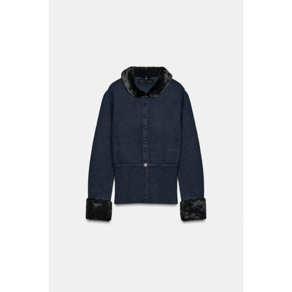ZARA CONTRAST KNIT FAUX FUR CARDINGAN - Picture 6 of 9